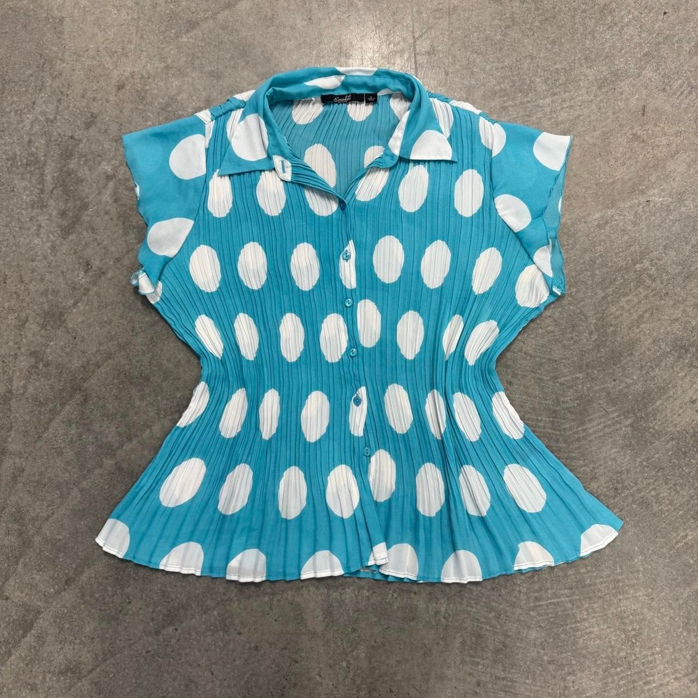 Women's Blouse Polka Dot Pleated Detailing White Blue XL